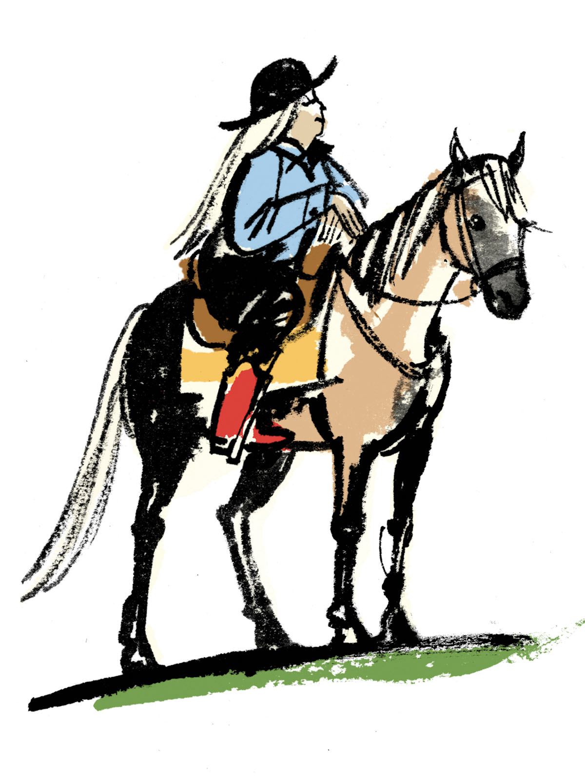 An illustration of a woman in a black cowboy hat riding a horse