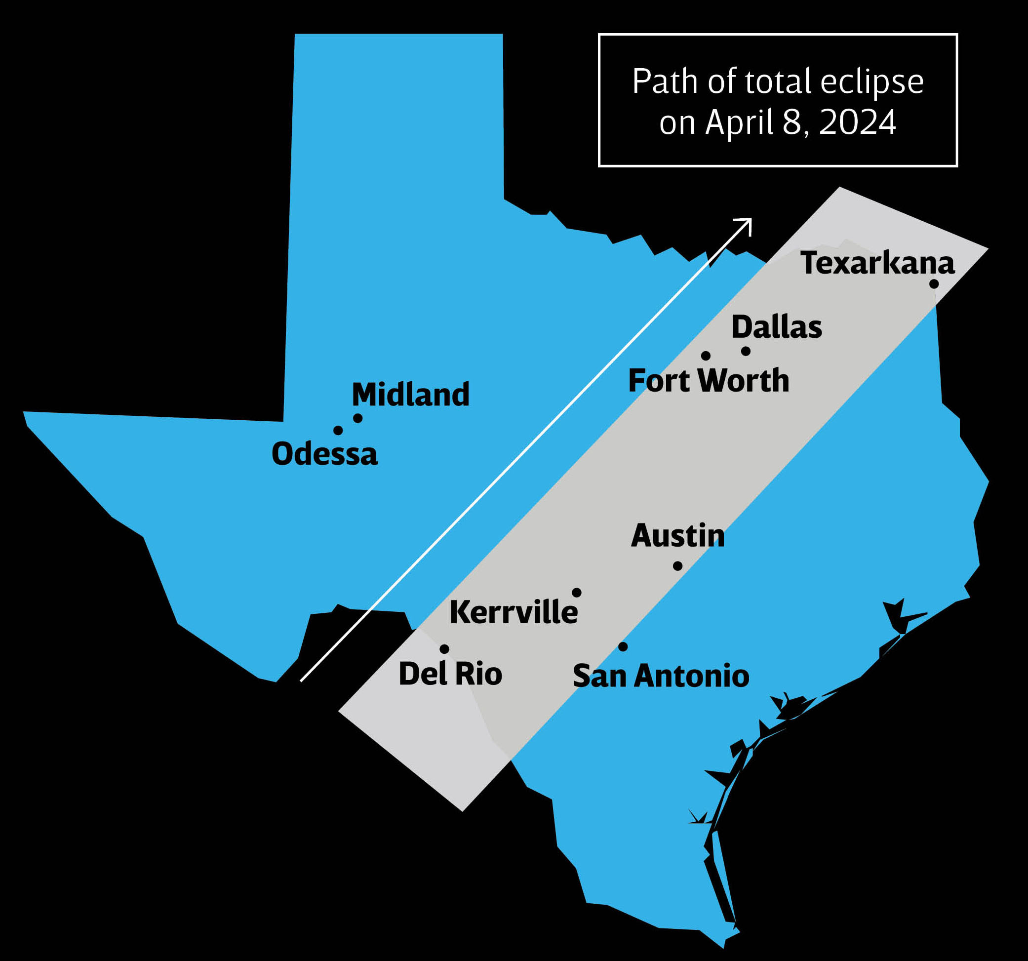 A map showing the path of the April 8 eclipse across numerous cities in Texas
