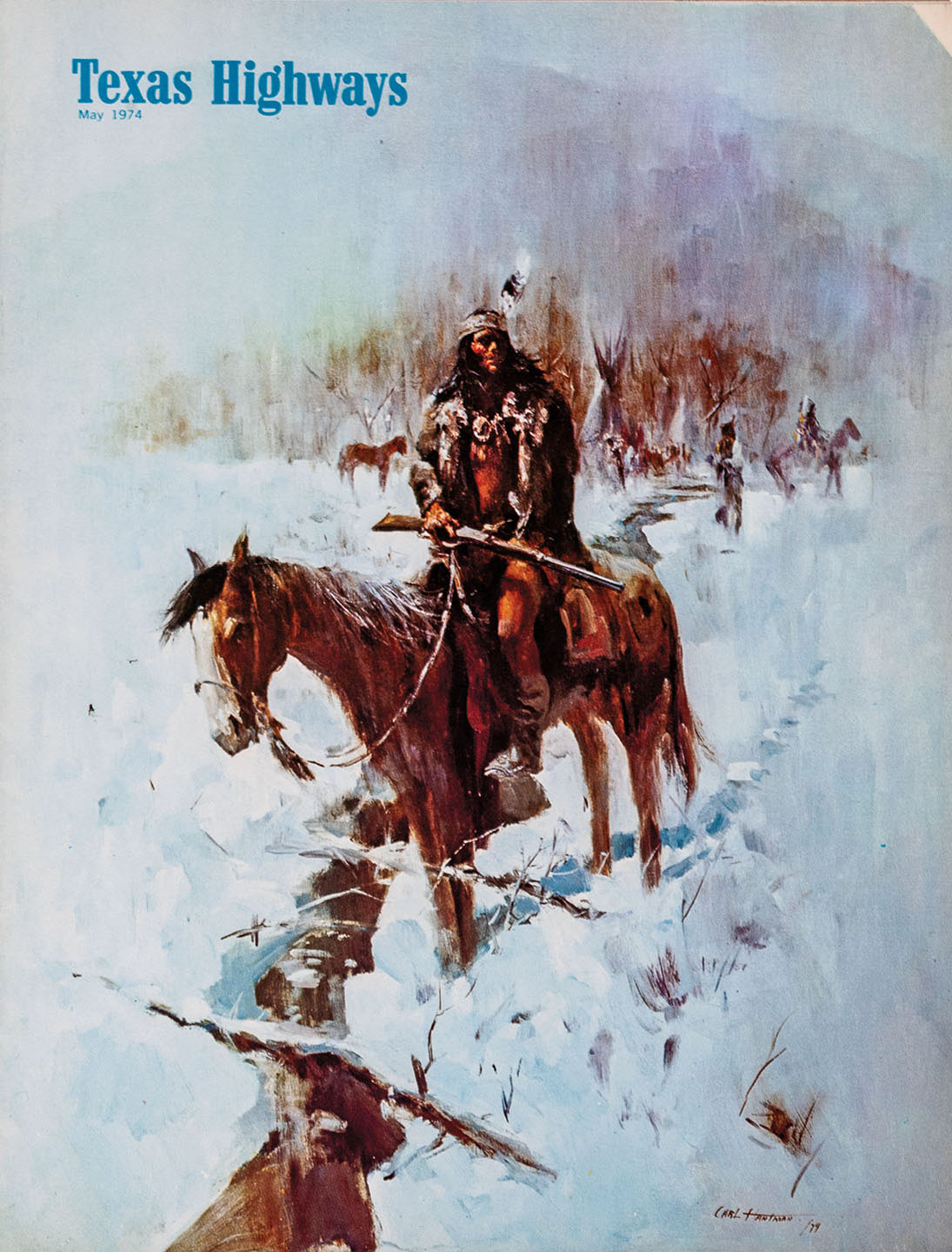 A vintage cover of Texas Highways Magazine with a Native American sitting on horseback in a snowy scene