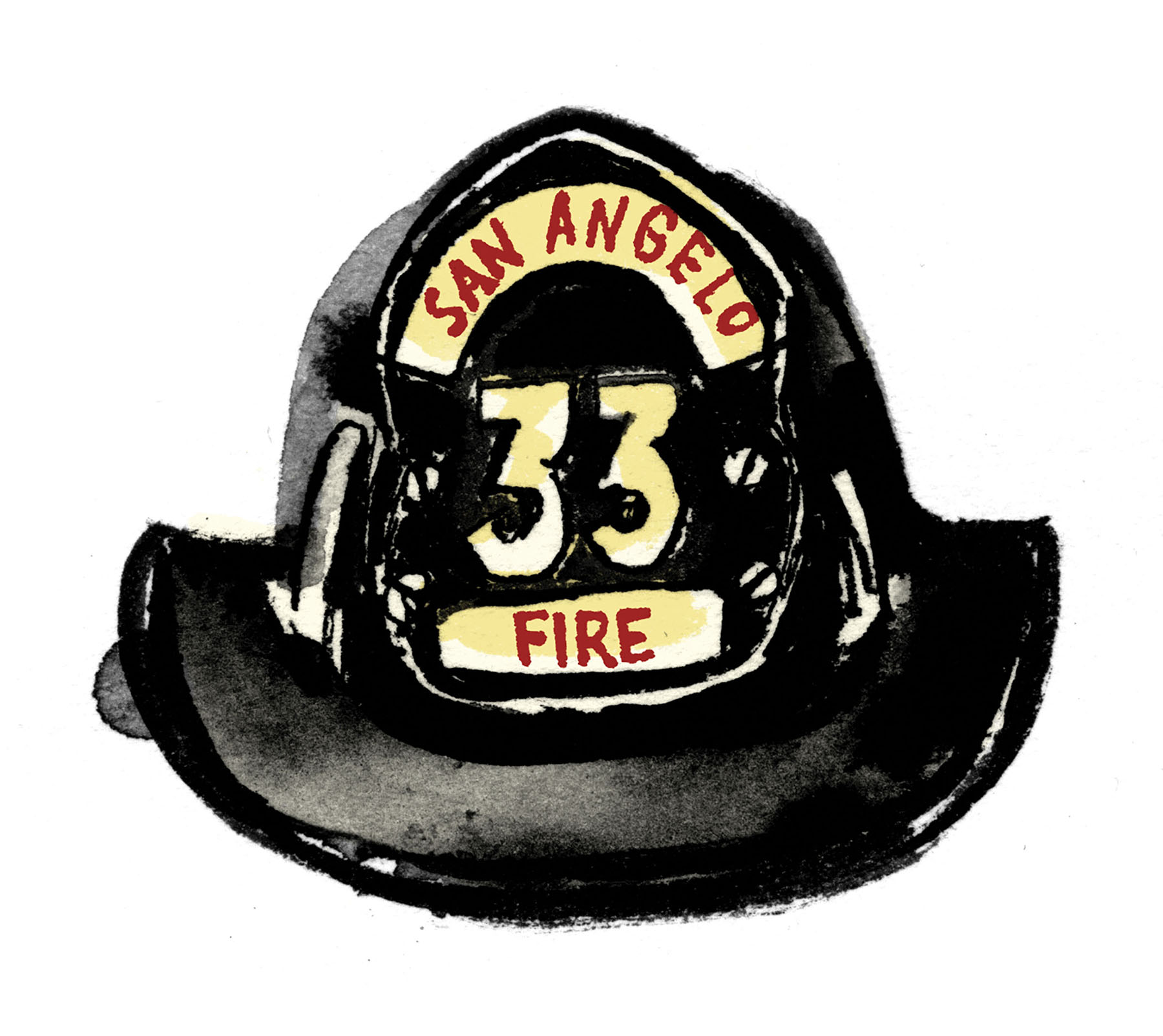 An illustration of a fire helmet with 'San Angelo Fire - 33' written on it