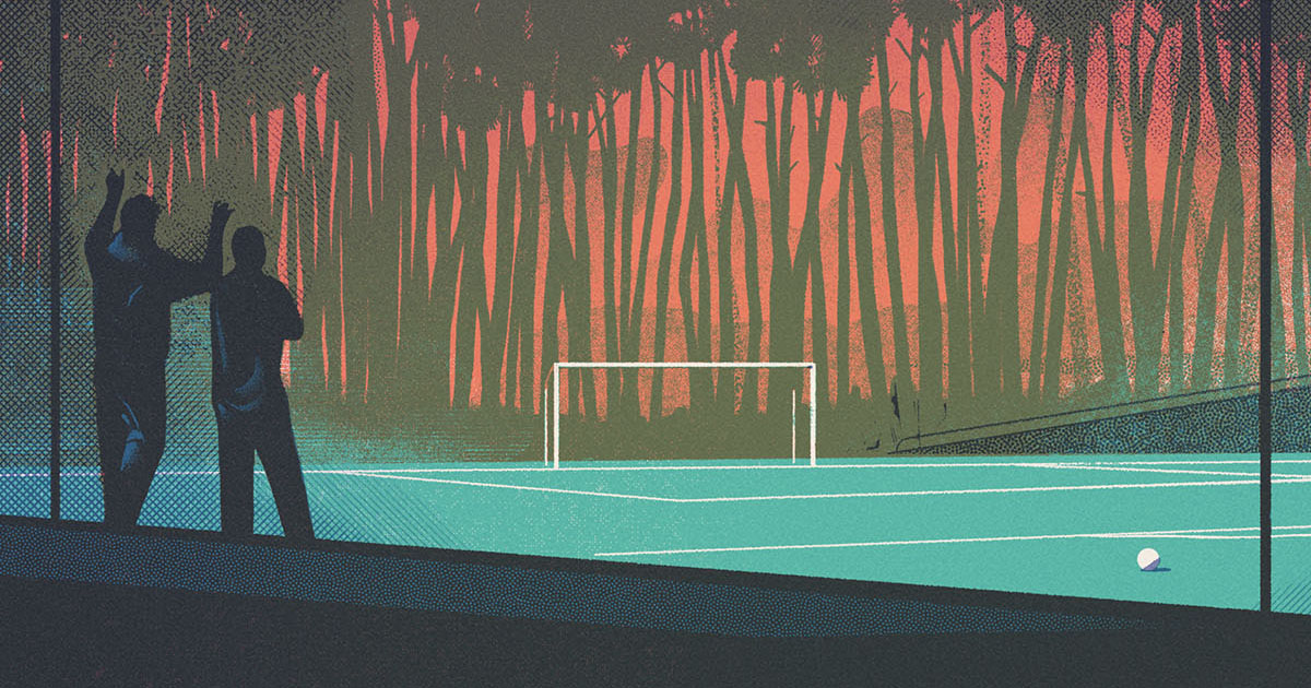 An illustration of two people standing next to a soccer field surrounded by trees