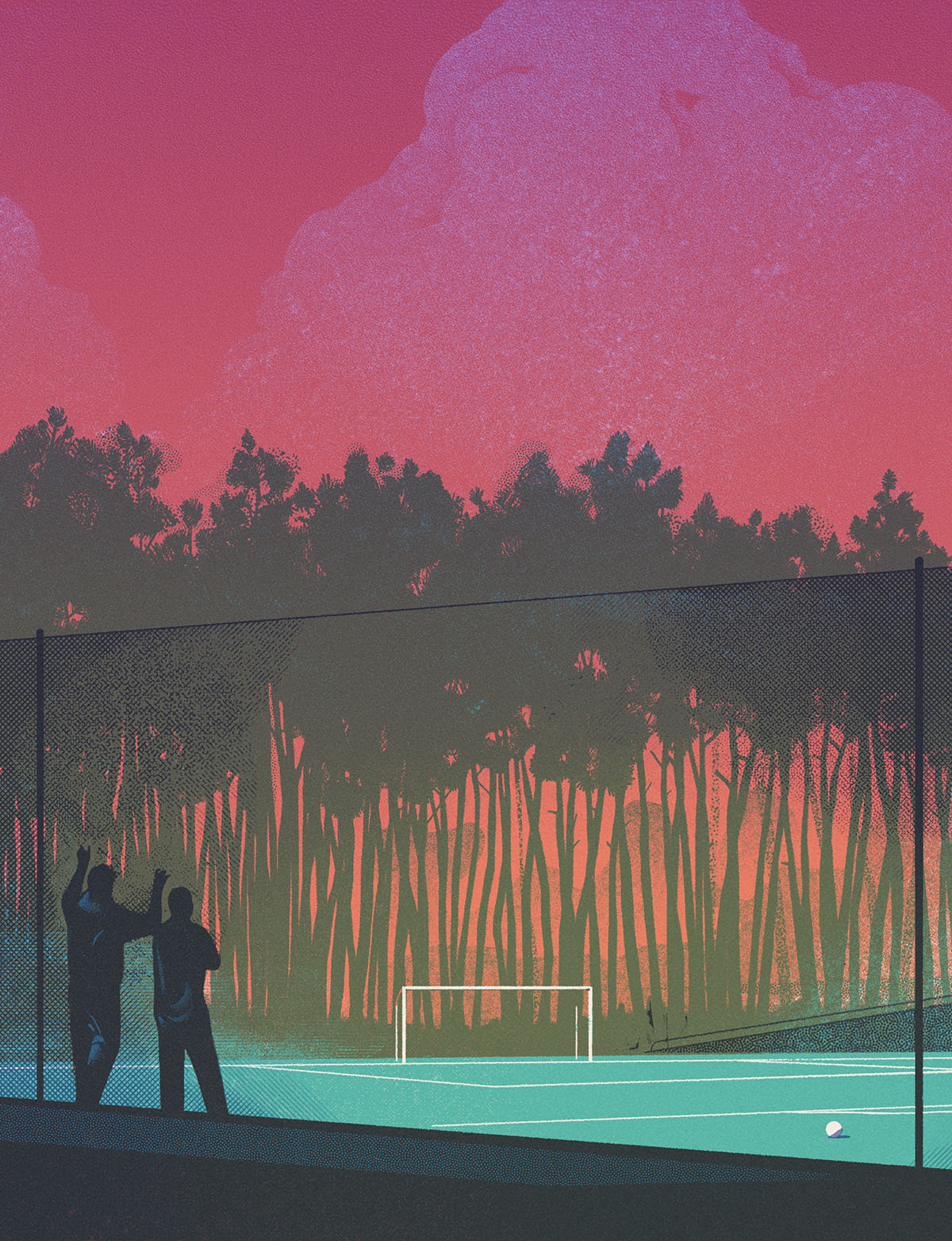 An illustration of two people standing next to a soccer field surrounded by trees