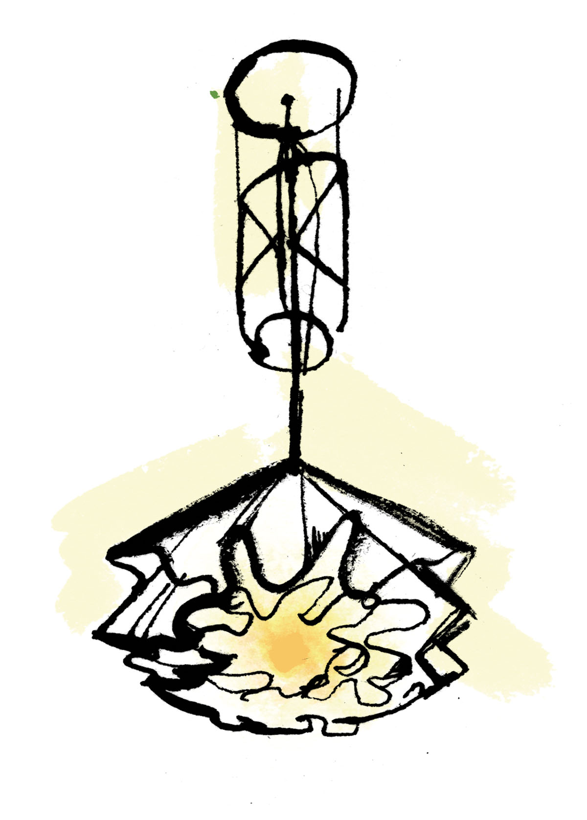 An illustration of a frilly yellow lamp hanging from the ceiling