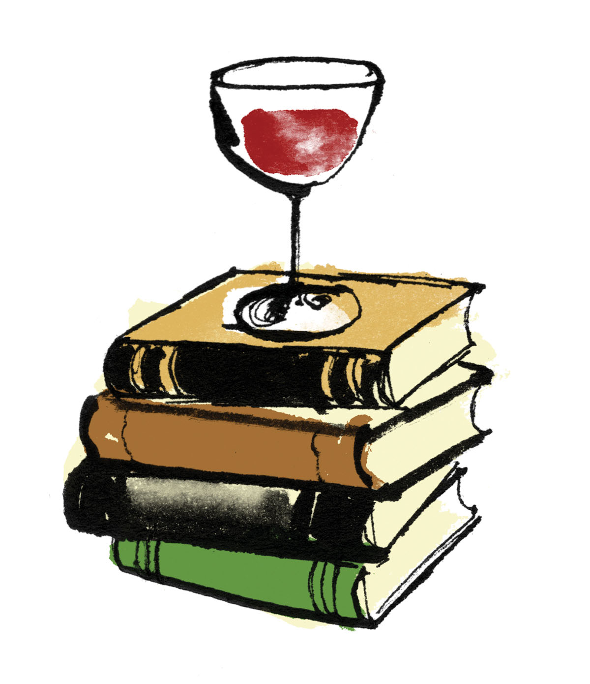 An illustration of a glass of wine on top of a stack of books