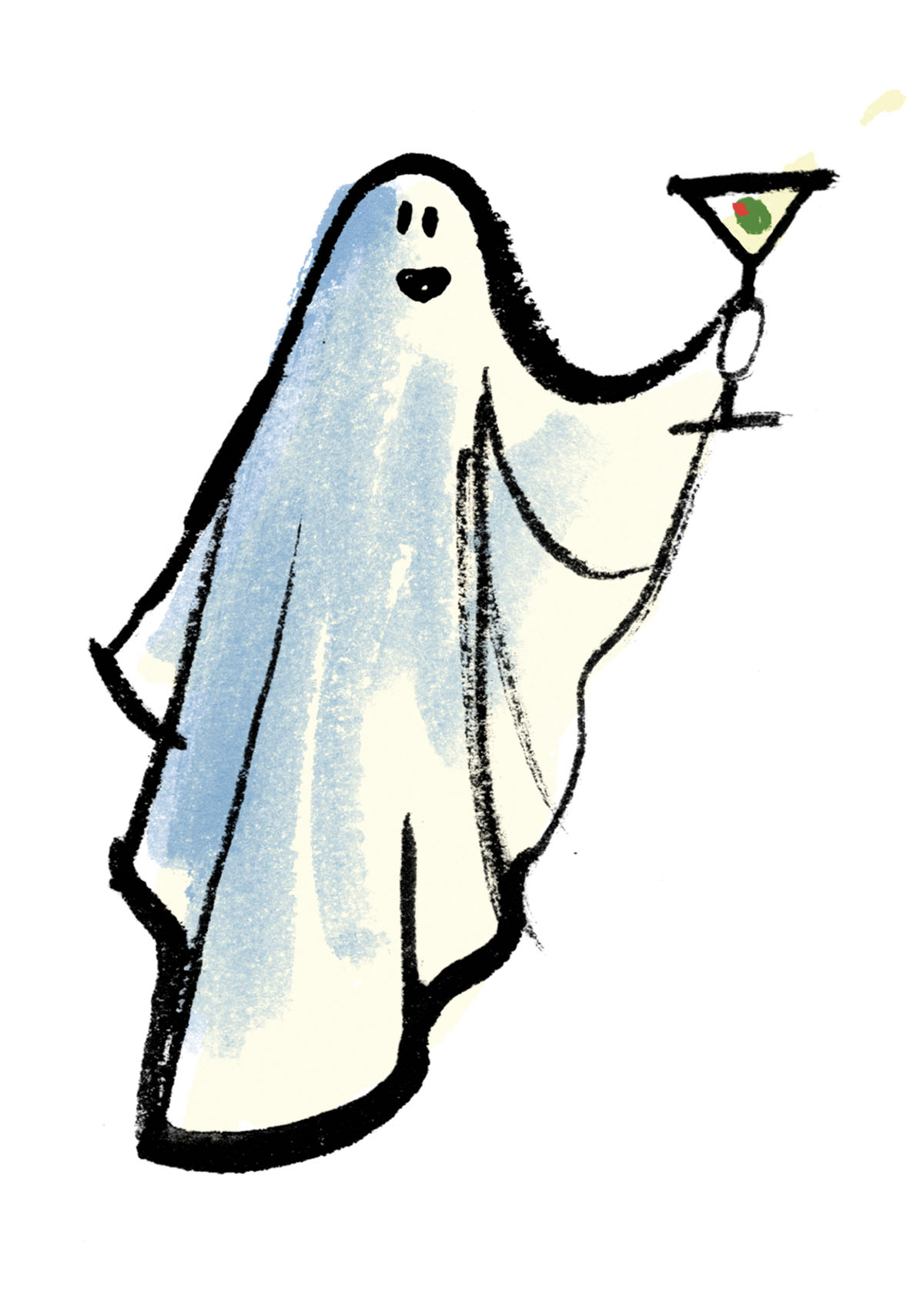 An illustration of a ghost holding a martini
