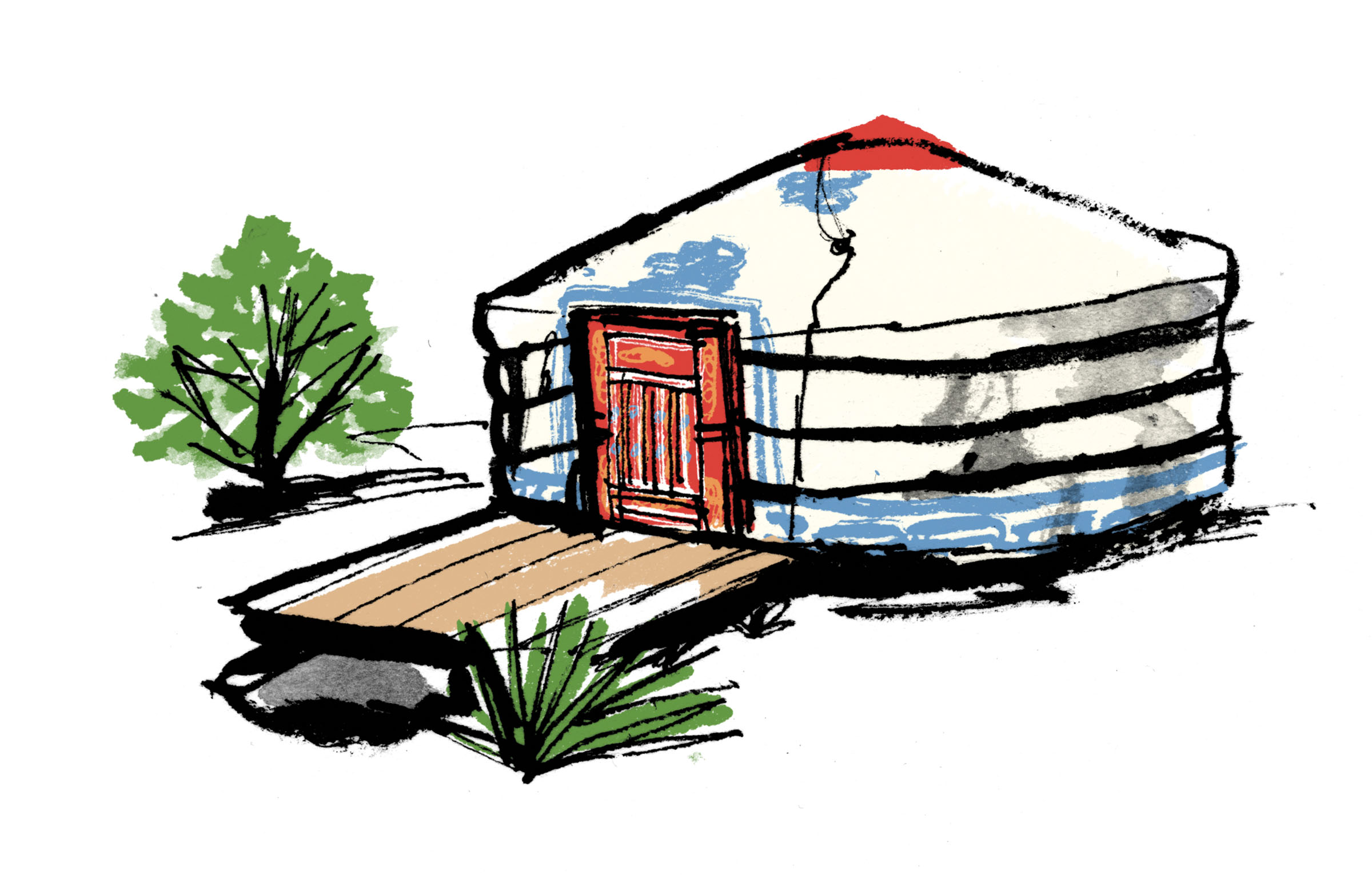 An illustration of a small white yurt