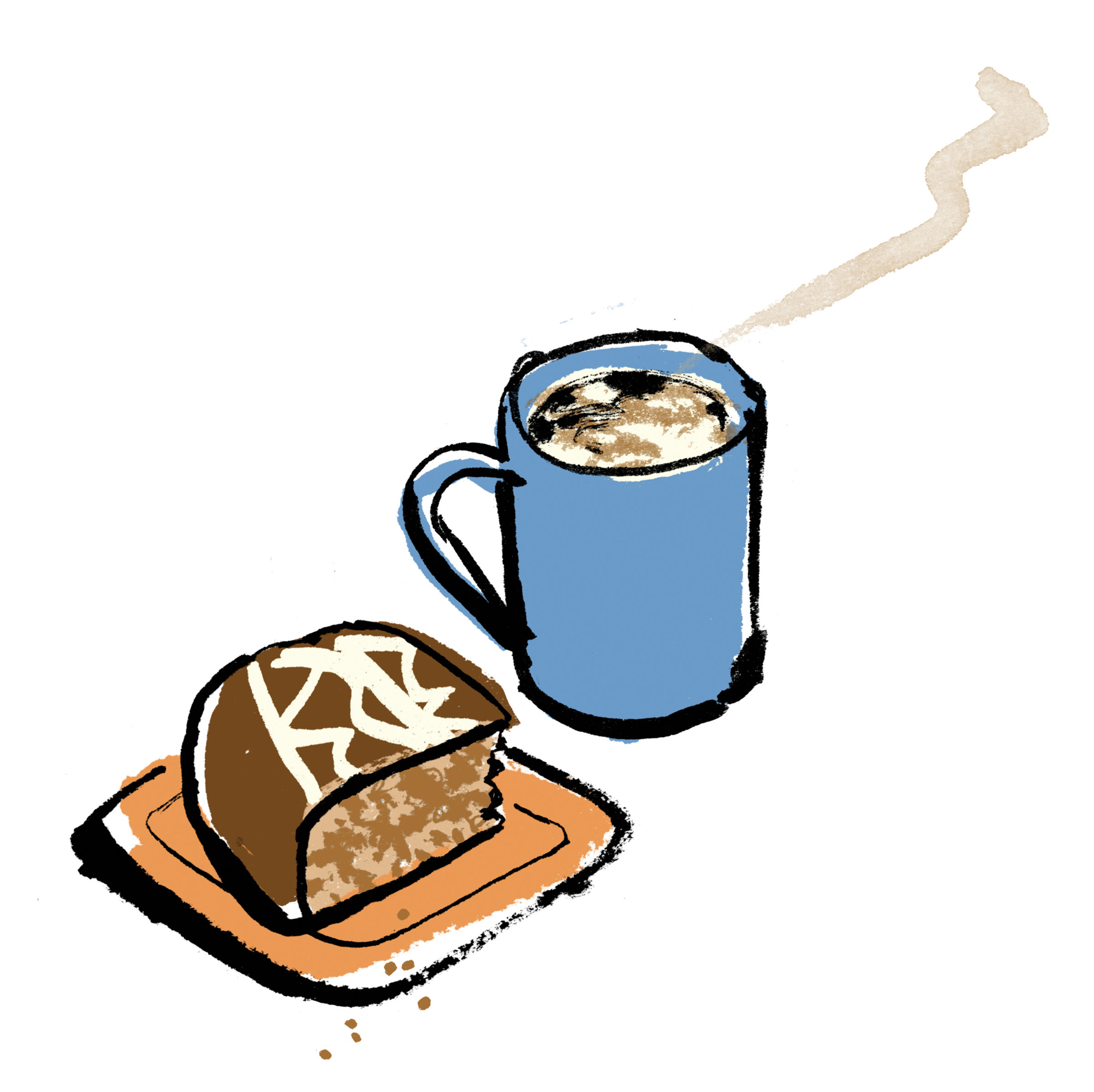 An illustration of a steaming mug of coffee and a pastry