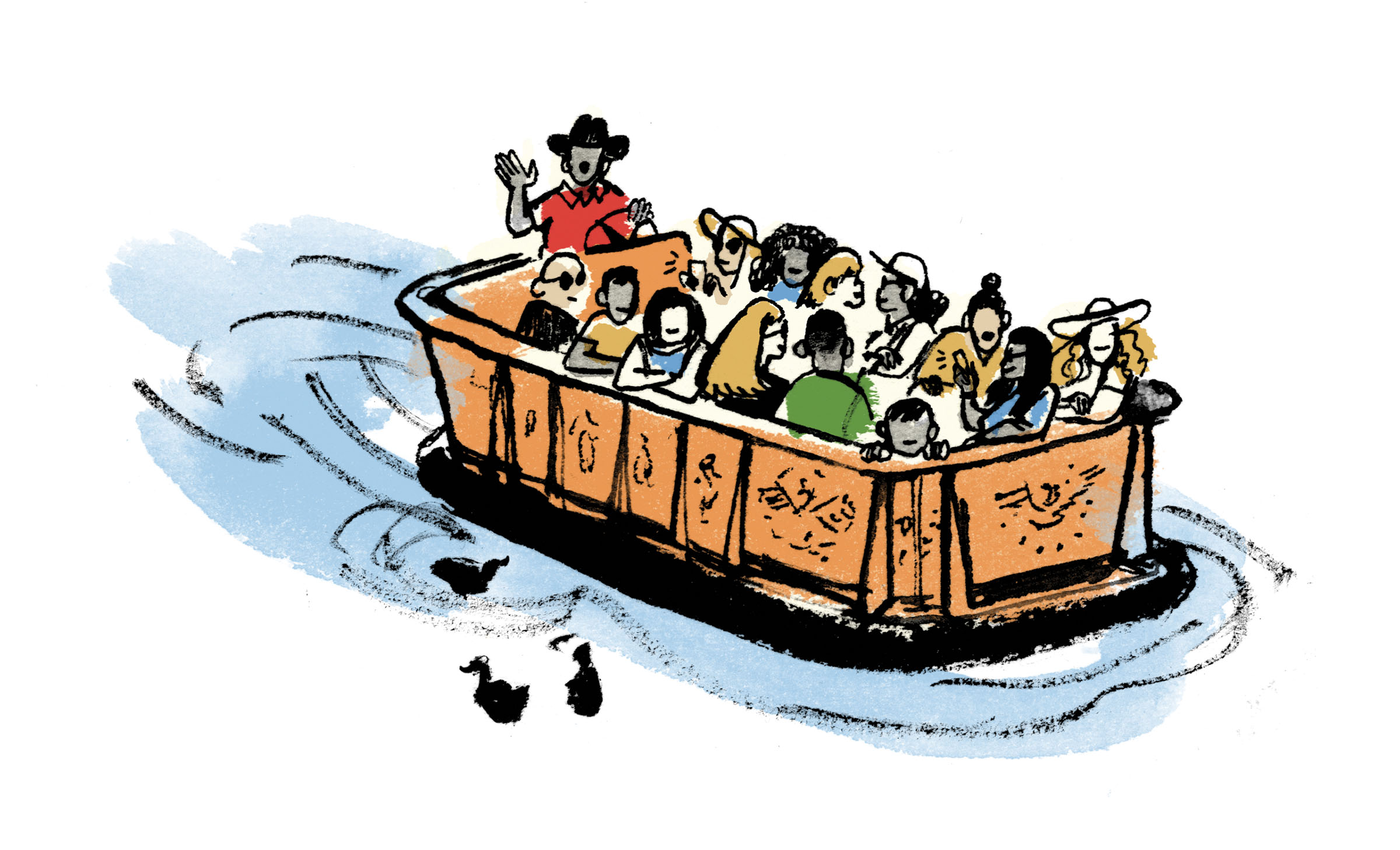 An illustration of a group of people on a riverboat tour