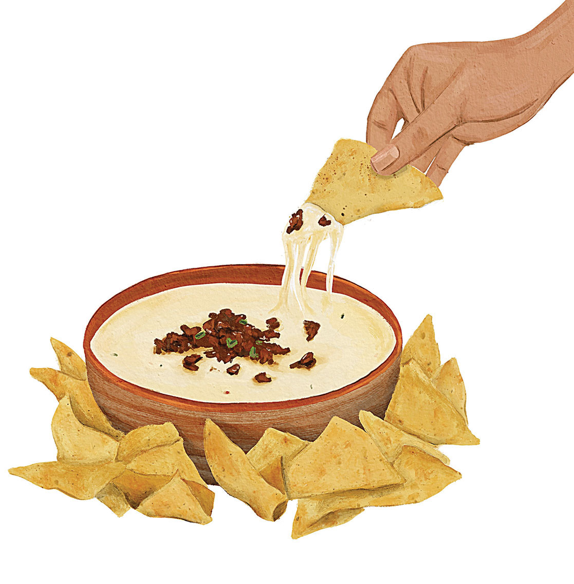 An illustration of a hand dipping into a bowl of cheesy dip
