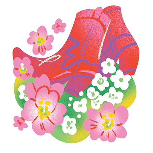 A colorful illustration of red boots walking on flowers