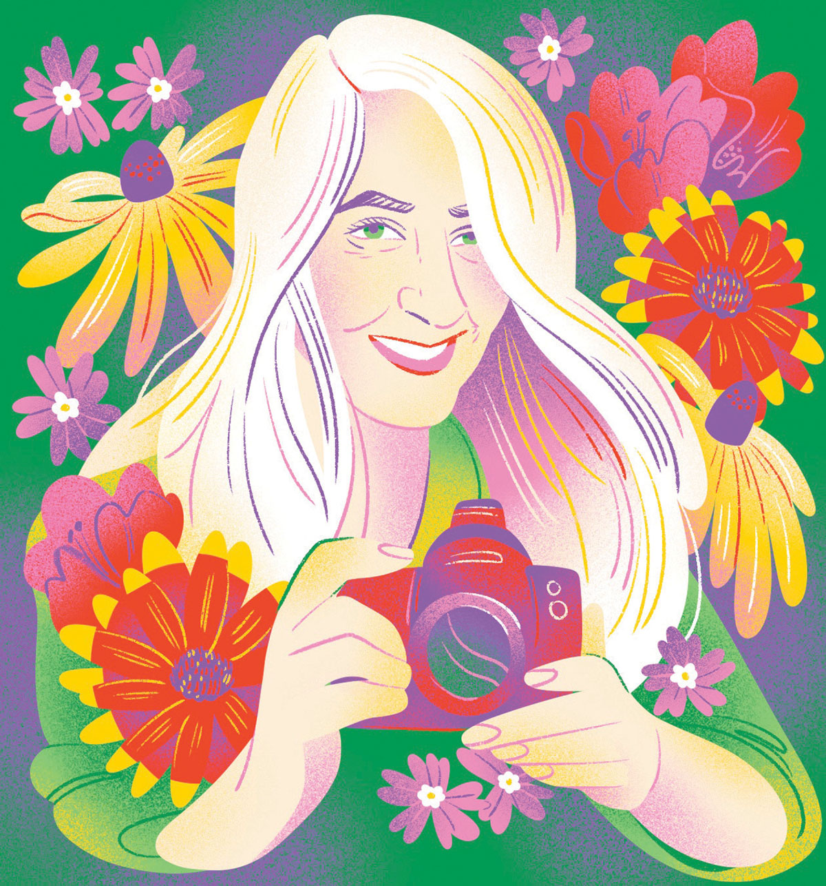 An illustration of a woman in a field of wildflowers holding a camera