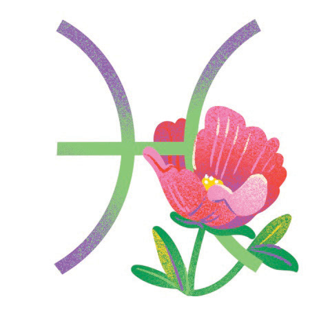 An illustration of a pink flower and Pisces zodiac sign