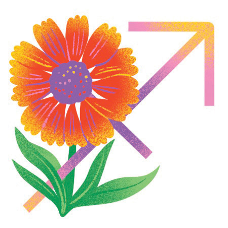 An illustration of a red and orange flower and sagittarius zodiac sign