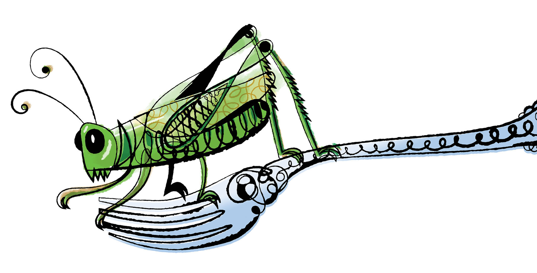An illustration of a bright green grasshopper