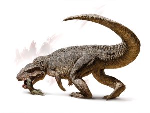 An illustration of a large dinosaur with a large tail eating