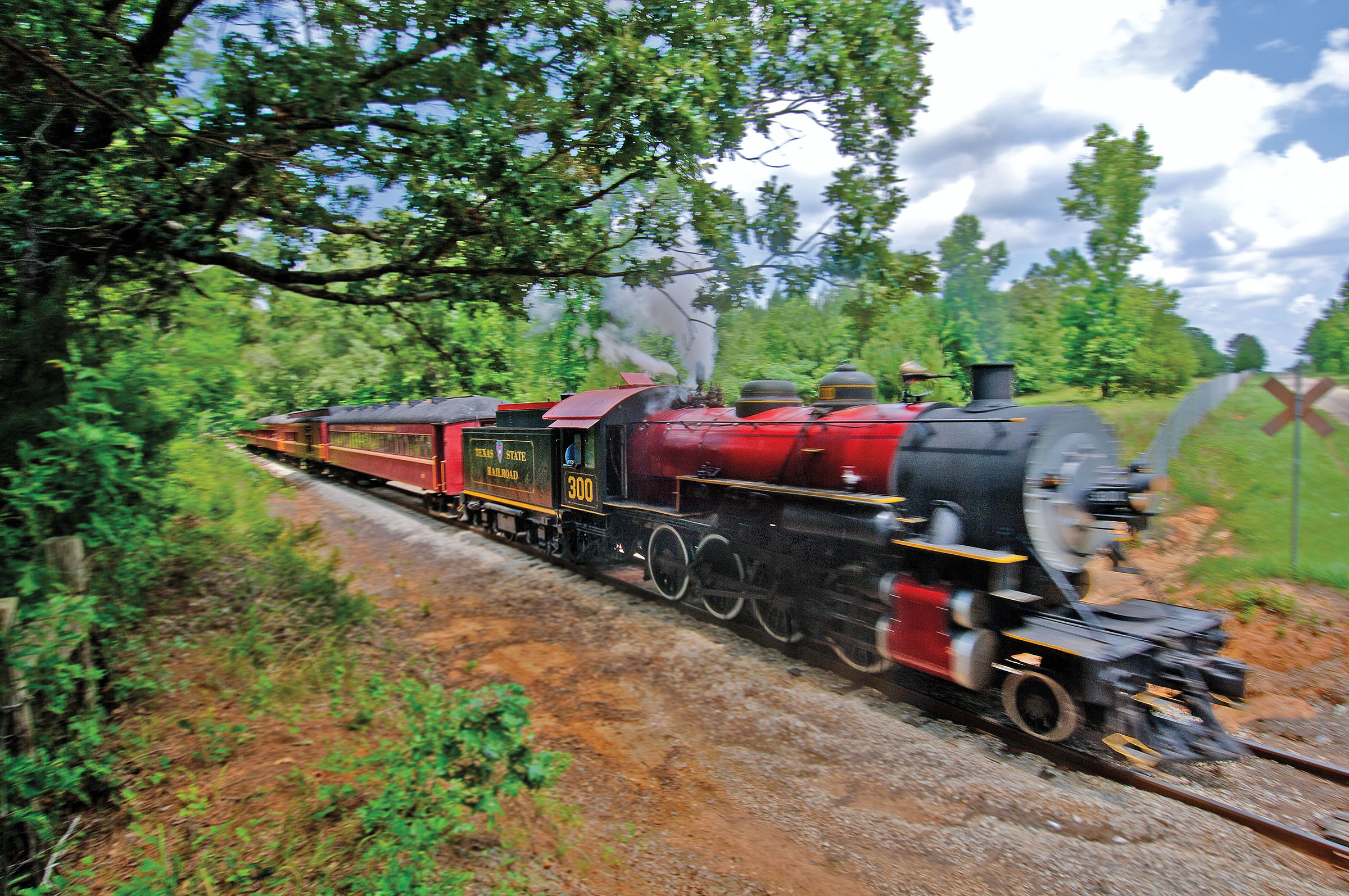 A black and red steam locomotive speeds by on train tracks in a natural environment