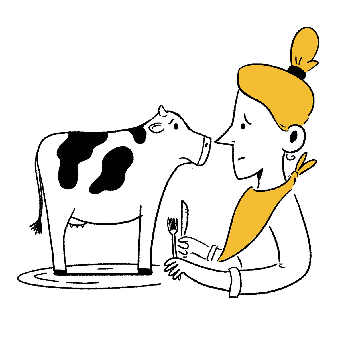 An illustration of a cow looking at person while standing on a plate