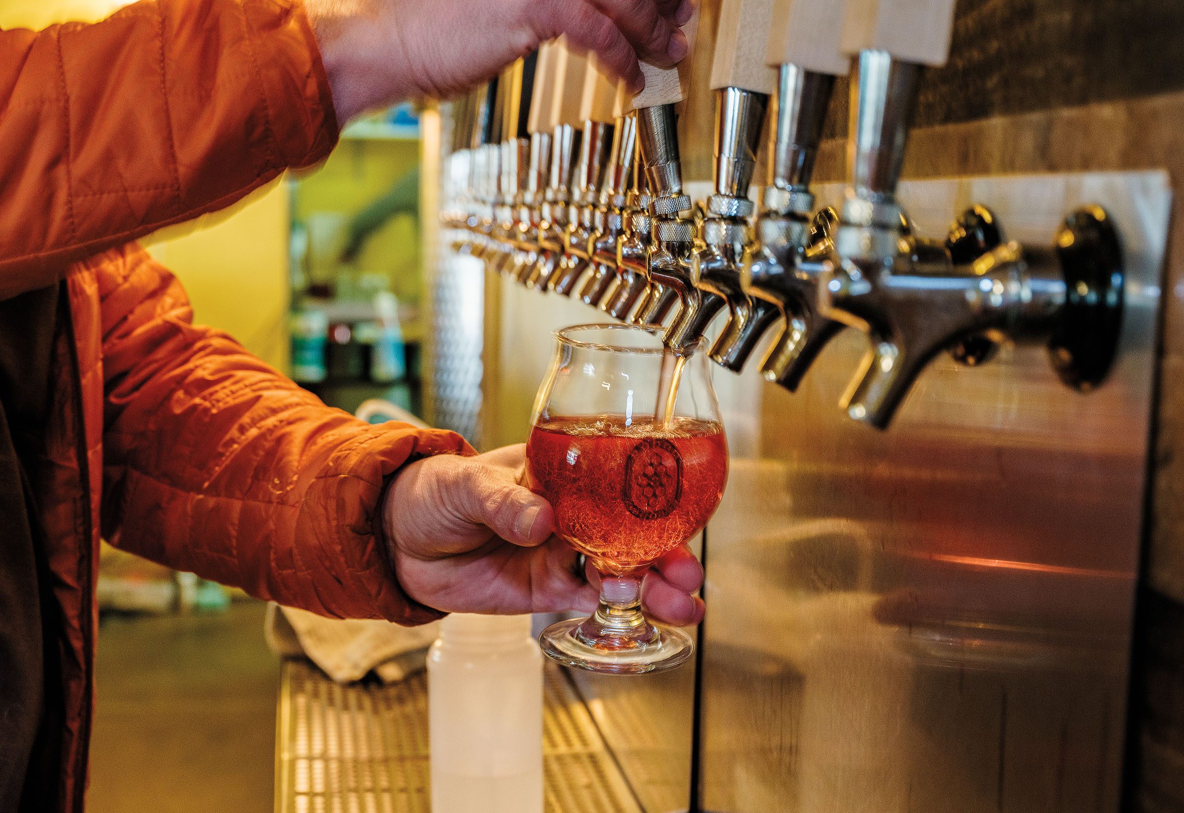 A person pours a bright beer from a silver tap