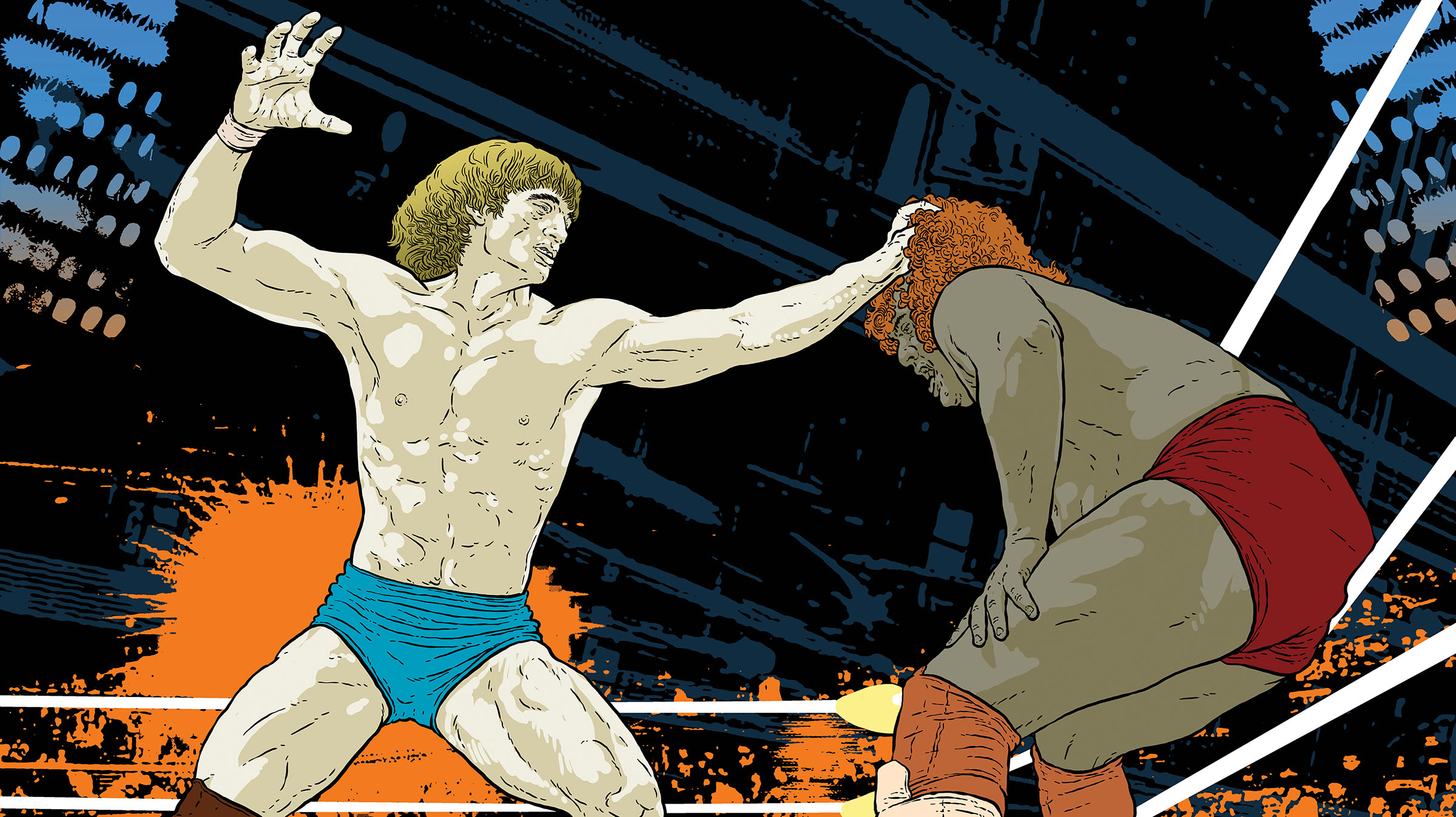An illustration of two wrestlers in a ring