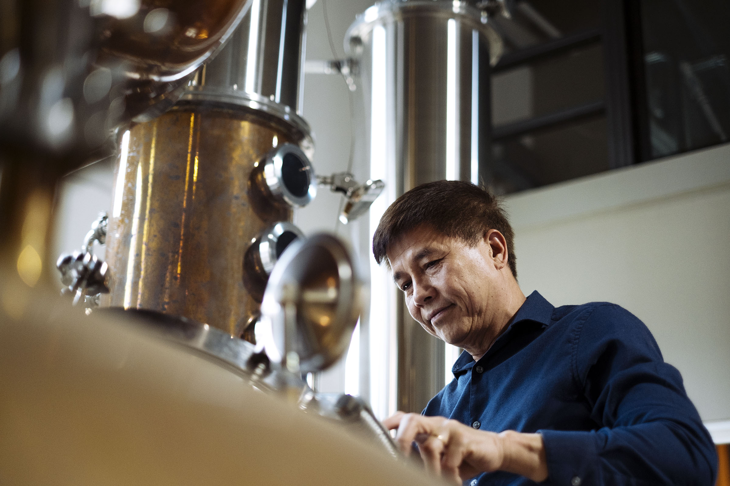 A person in a blue shirt looks at the instruments on brewing equipment