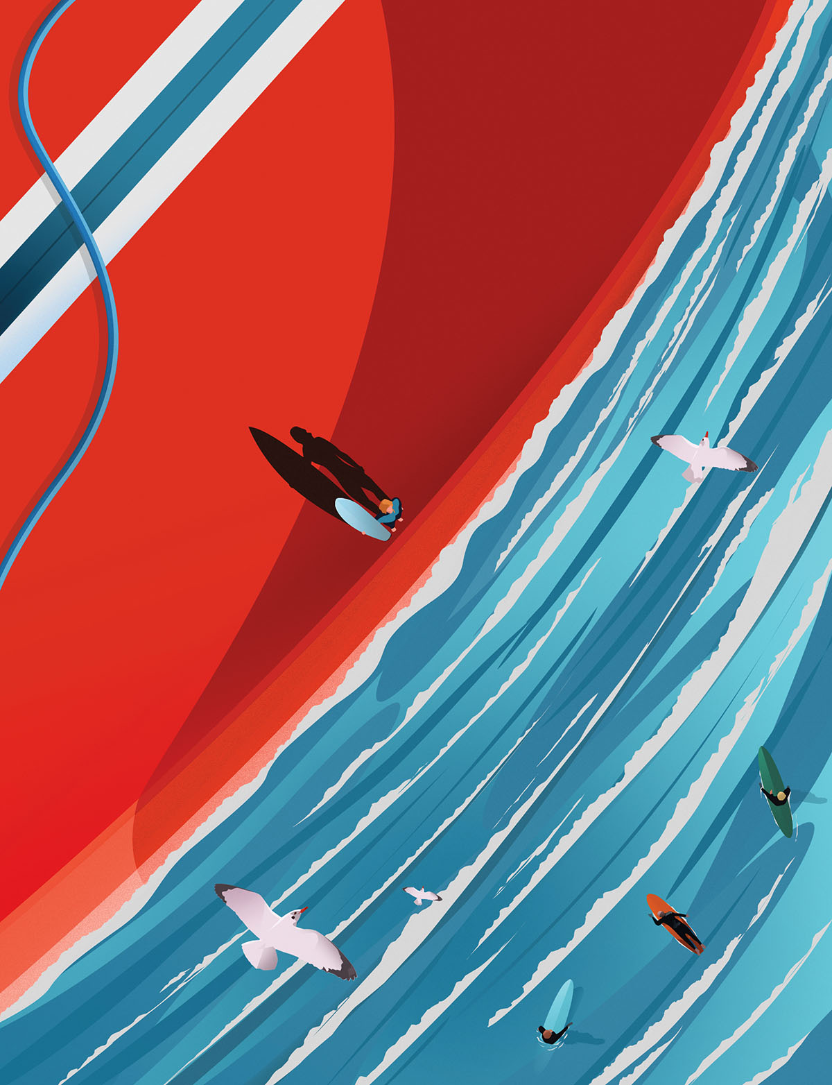 An illustration of a person on a bright red surfboard next to bright blue and white water