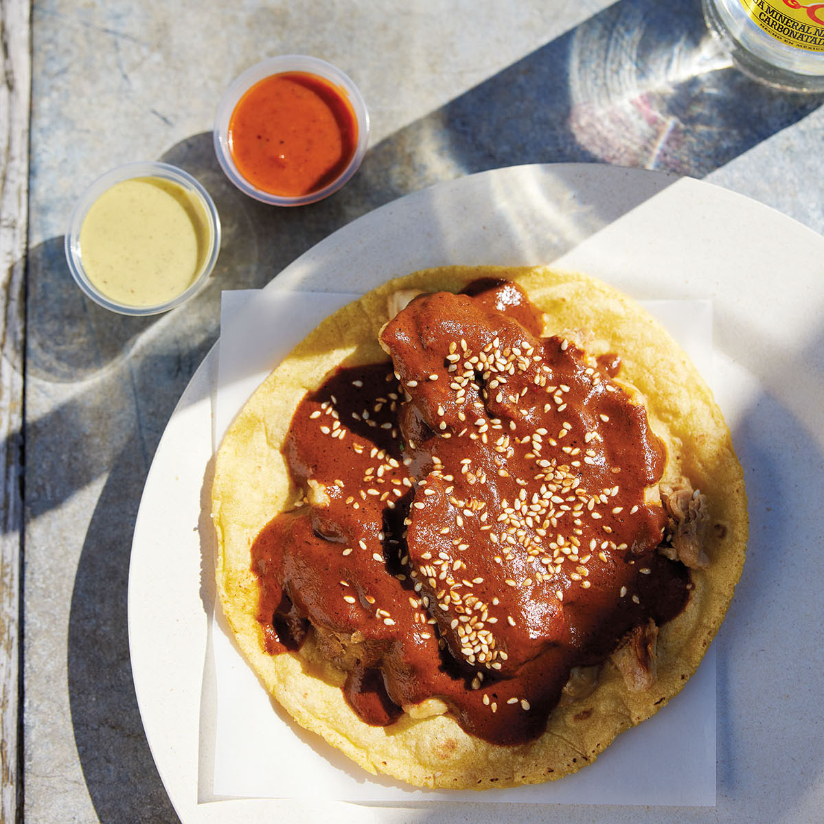 An overhead view of a Mexican dish with a corn tortilla, brown sauce, and two salsas alongside