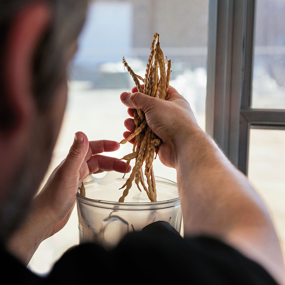 A person places mesquite pods in a glass jar
