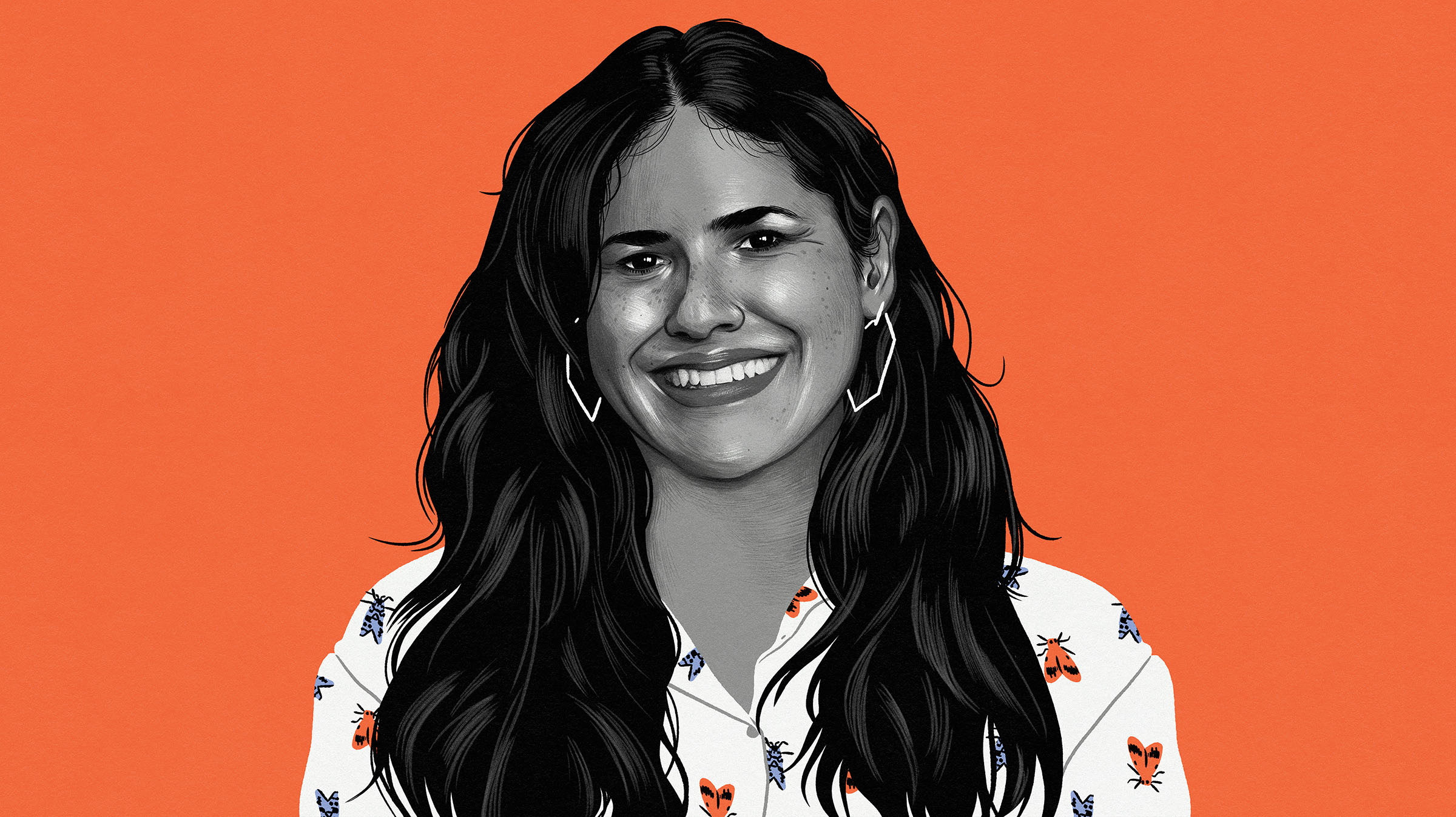An illustration of a woman with long dark hair wearing a white shirt, on an orange background