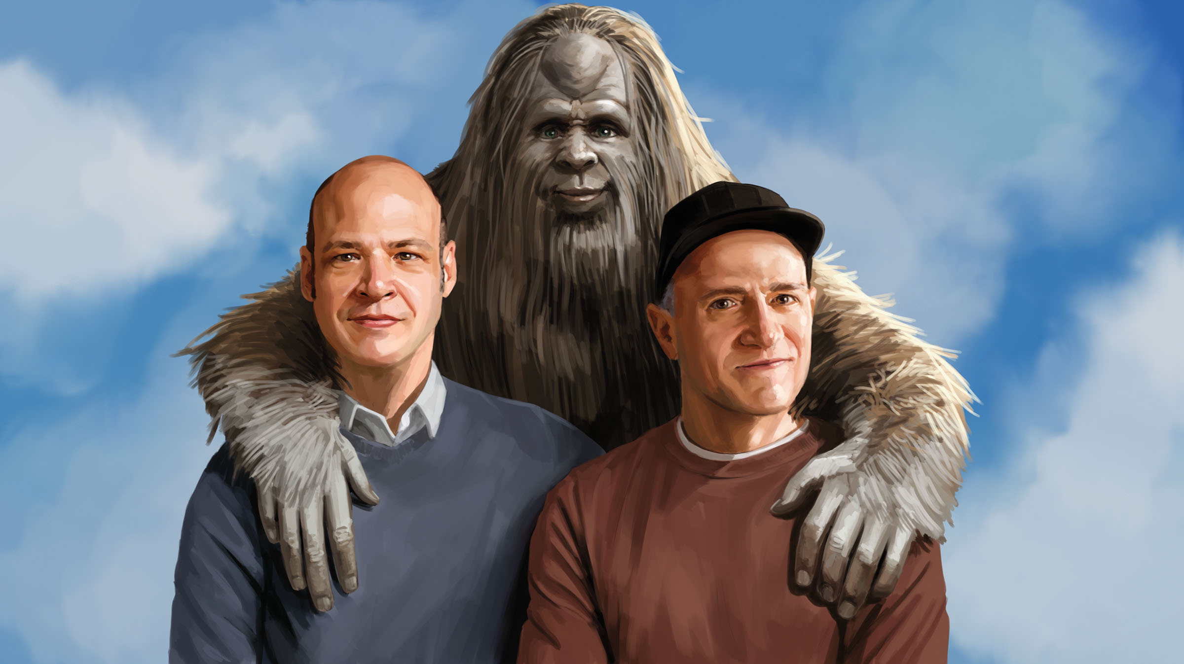 An illustration of bigfoot placing his arms around the shoulders of two men