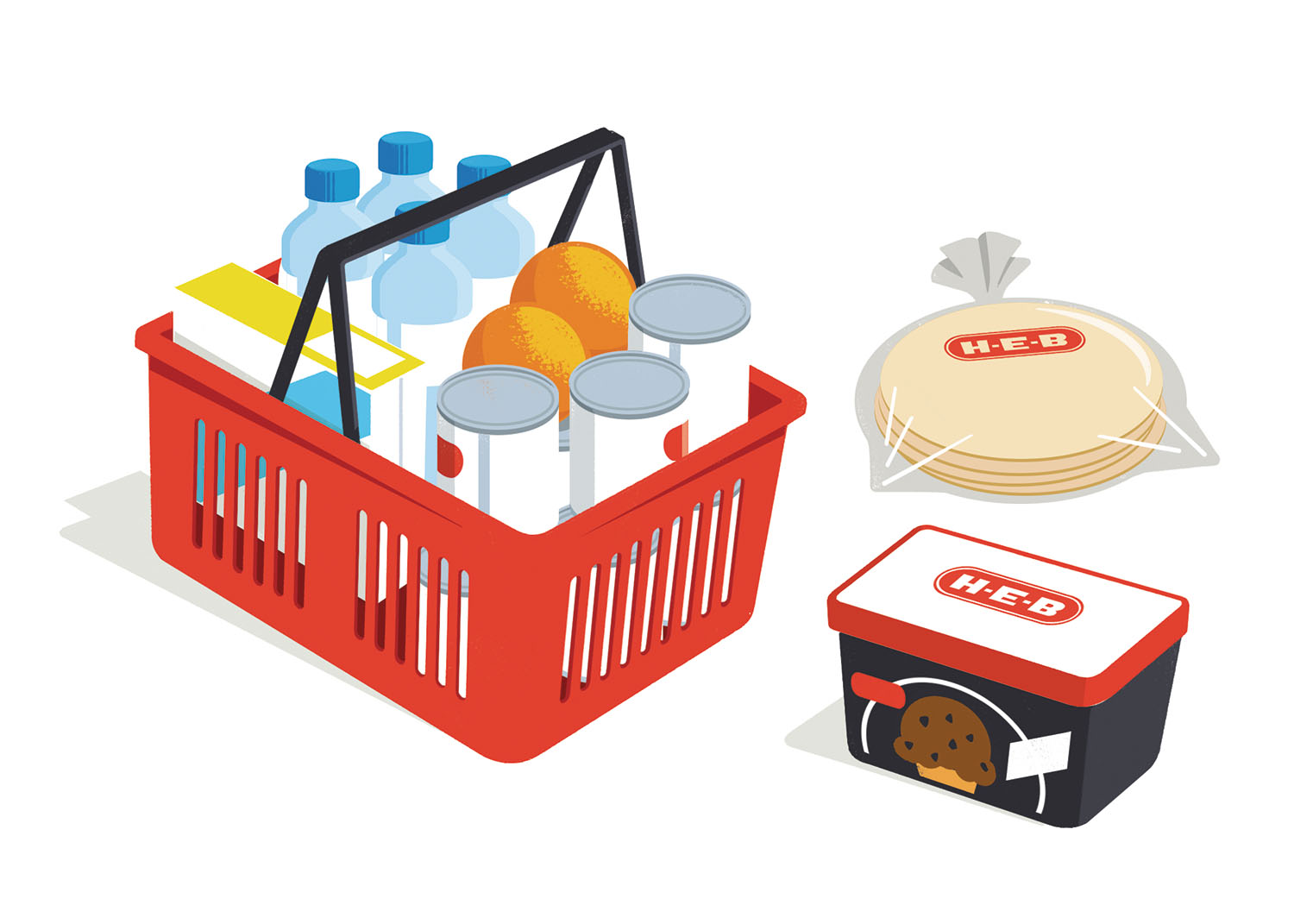 An illustration of a collection of goods from H-E-B, including an iconic red supermarket basket, a package of tortillas, and a carton of ice cream