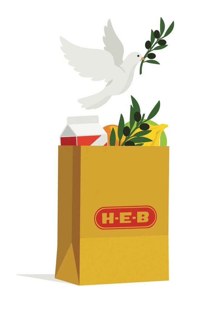 A white dove holding an olive branch flies out of an H-E-B bag