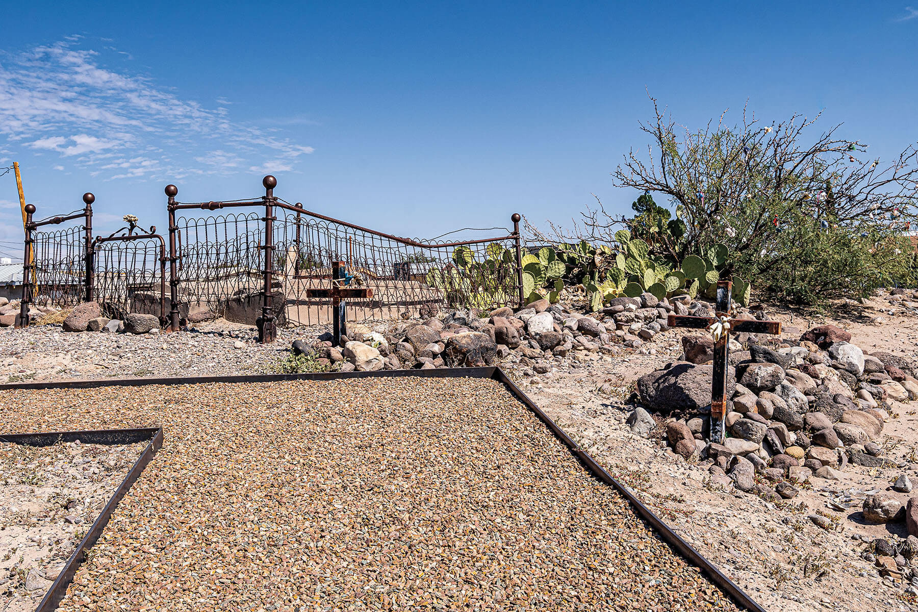 A rock garden with cacti and wooden fences under blue sky