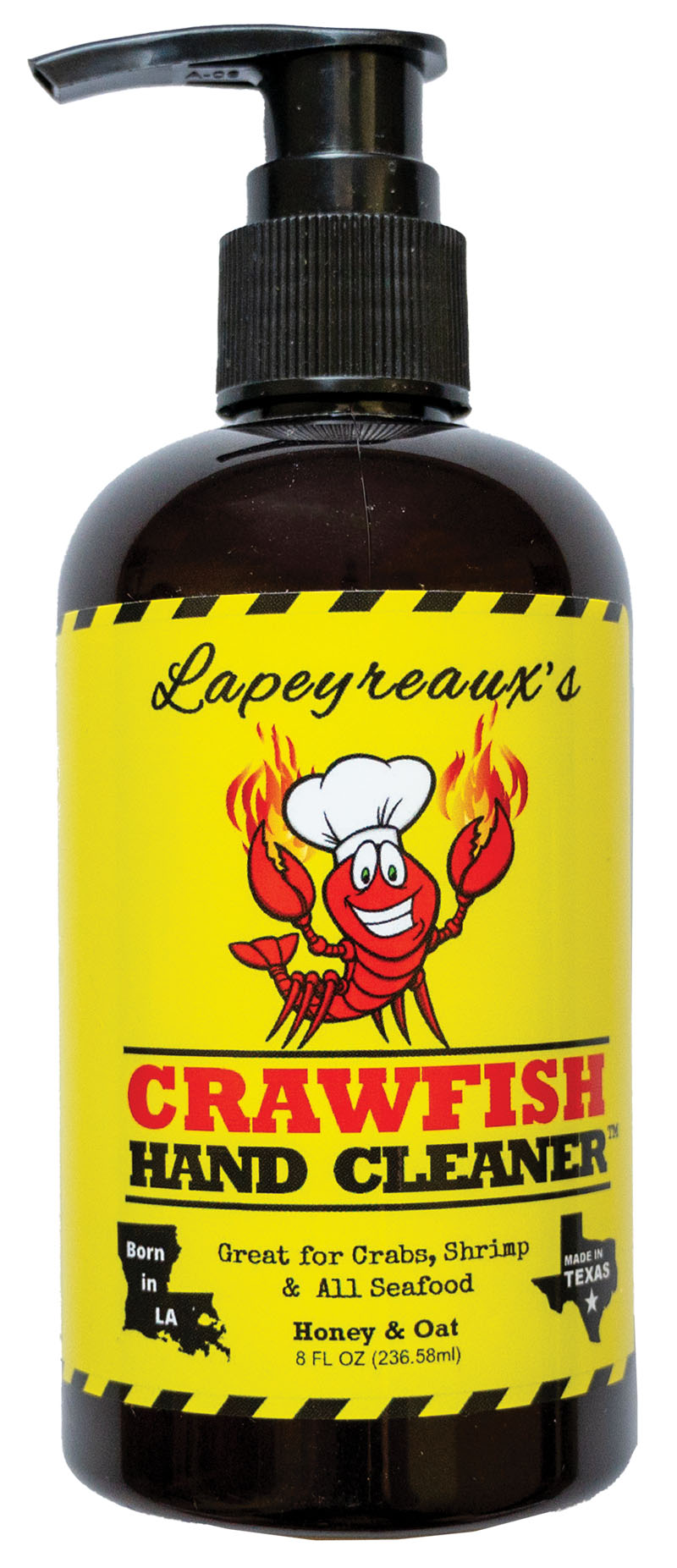 A brown pump bottle with a bright label reading 'Crawfish Hand Cleaner'