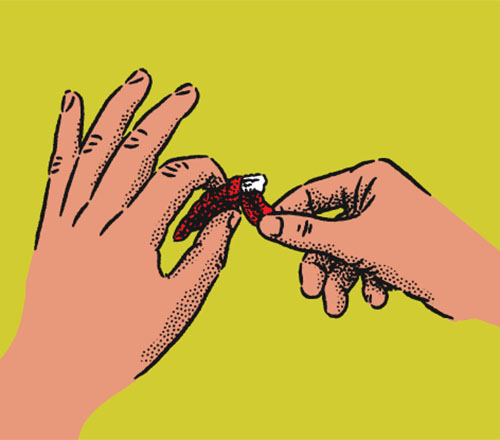 An illustration of someone peeling off the shell of a crawfish