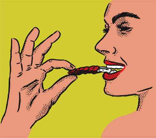 An illustration of a person holding crawfish meat in their teeth