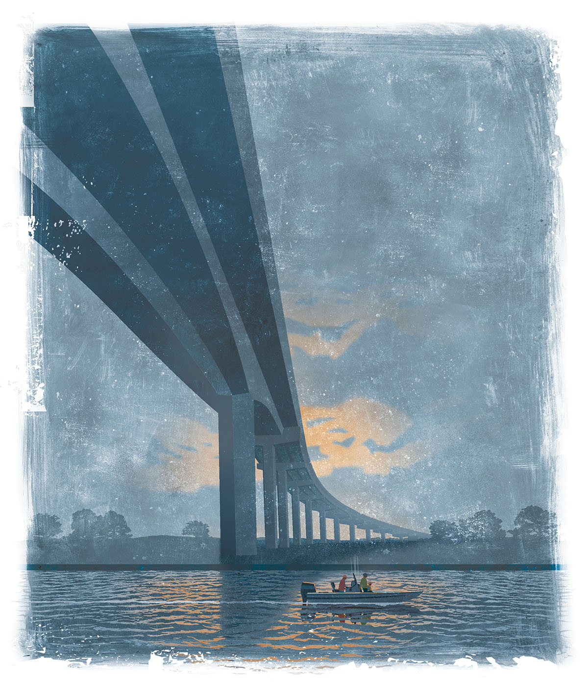 An illustration of a large highway viaduct over a body of water where a small boat is fishing