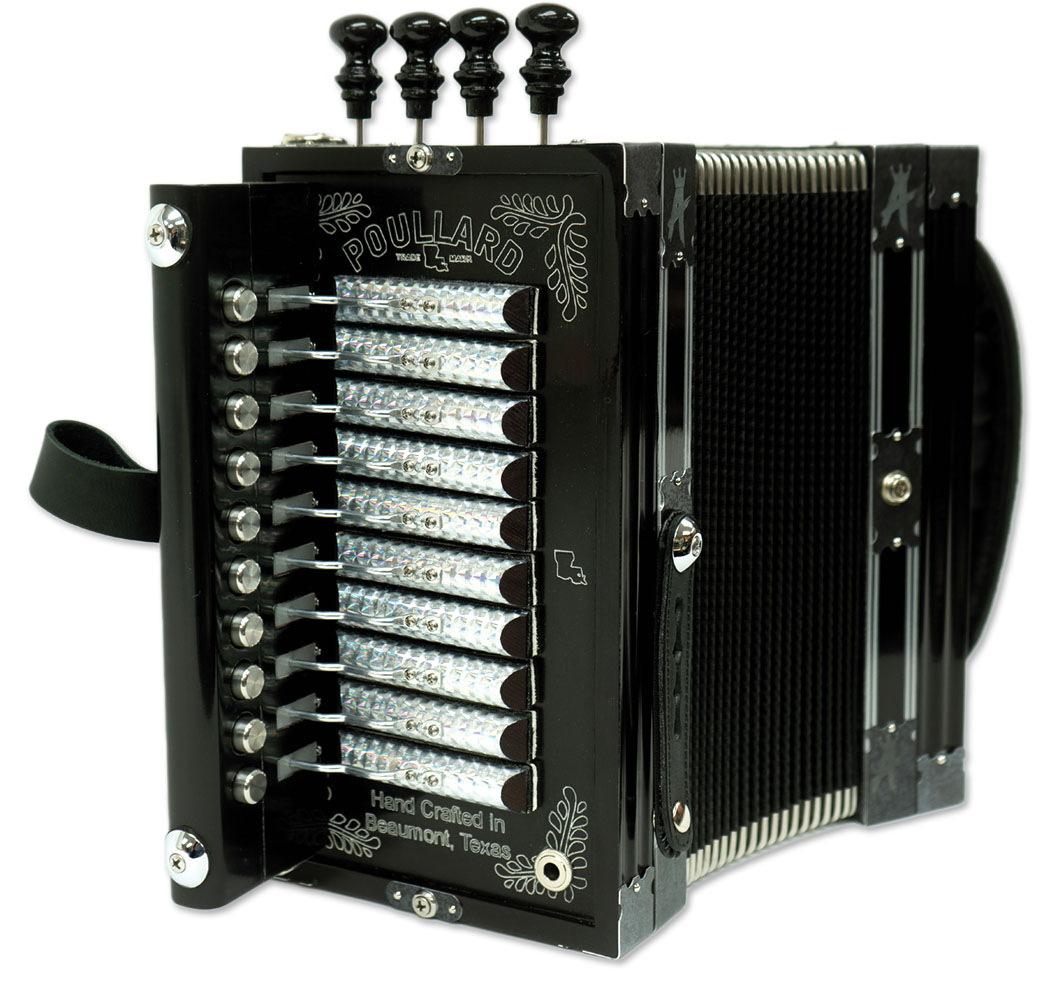 A black accordion with silver keys