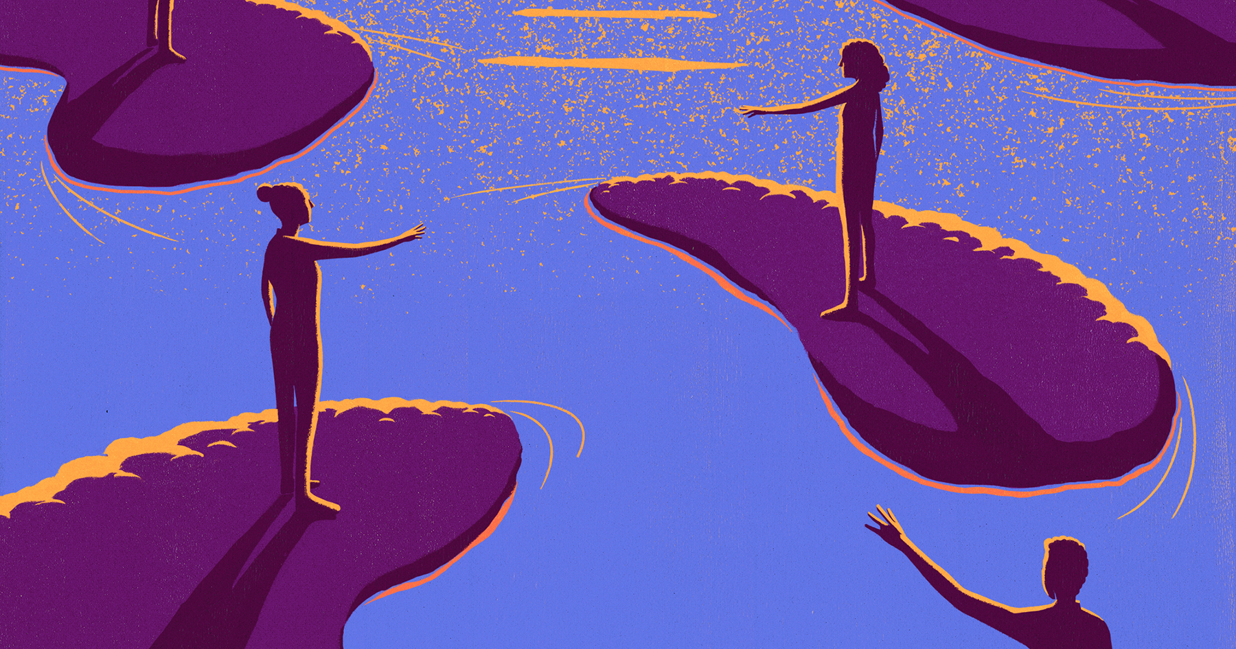 An illustration of purple people on purple islands reaching out toward each other as the sun sets
