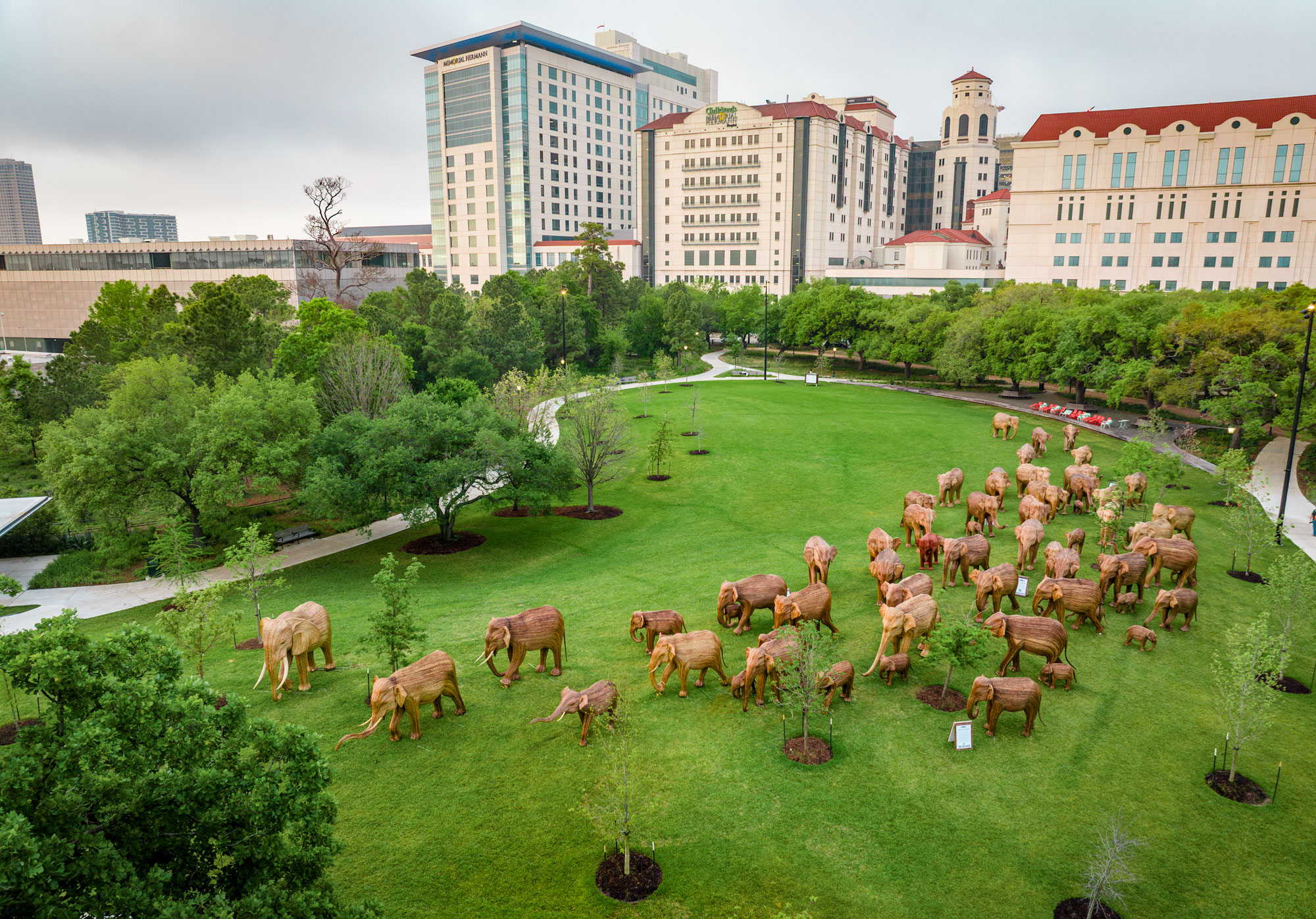 An aerial view of a herd of elephant statues spread out over a city park with a skyline in the background