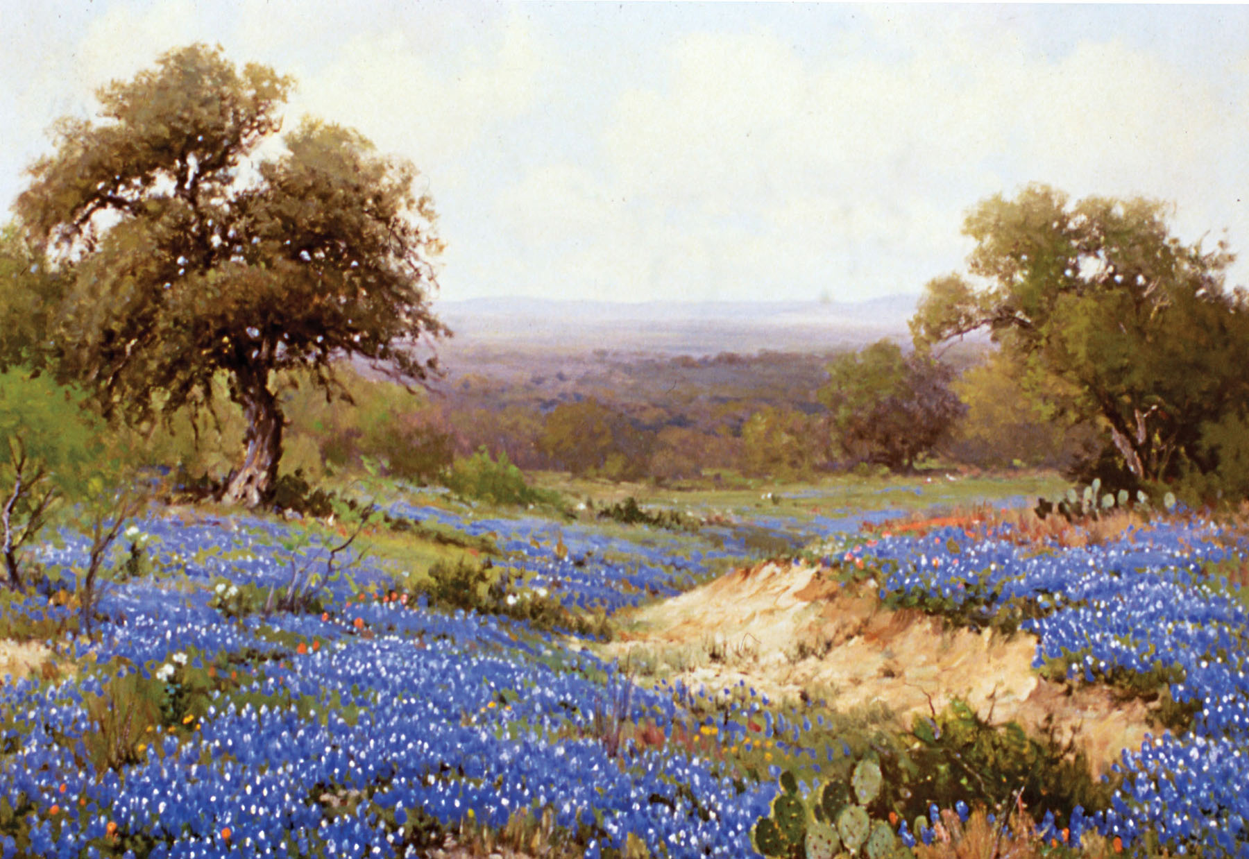 A painting of a field of bluebonnets under a gray sky and short trees