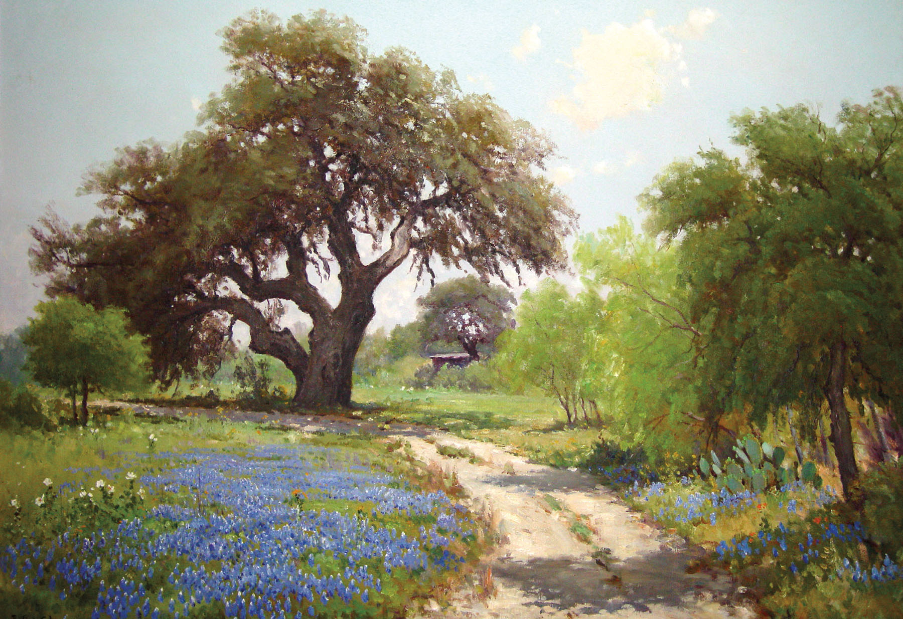 A painting of a patch of bluebonnets in front of a tall oak tree