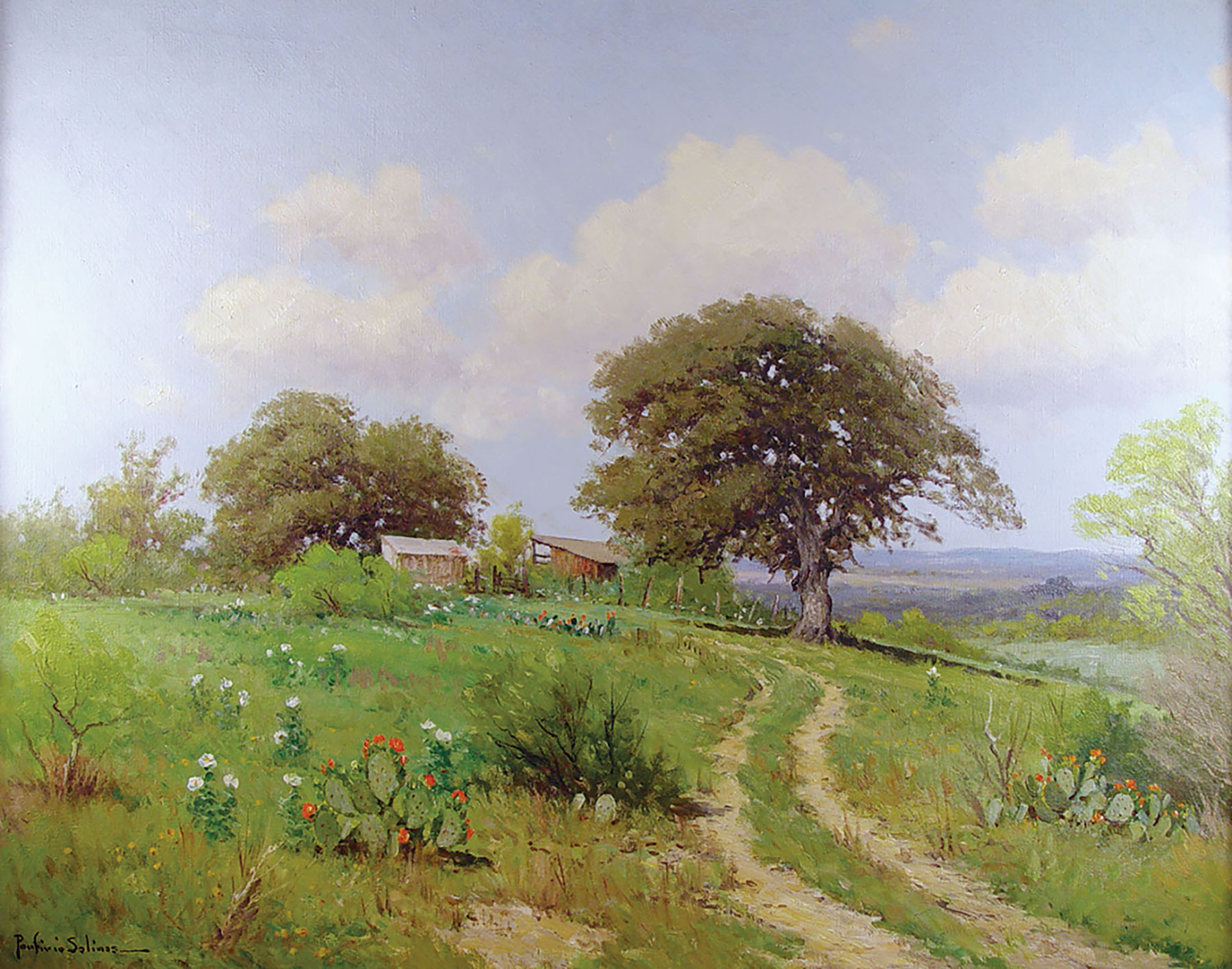 A painting of two trees in a lush green area with a dirt road