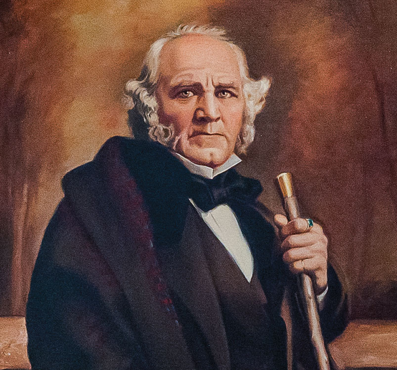A painting of a person in a suit holding a long wooden stick