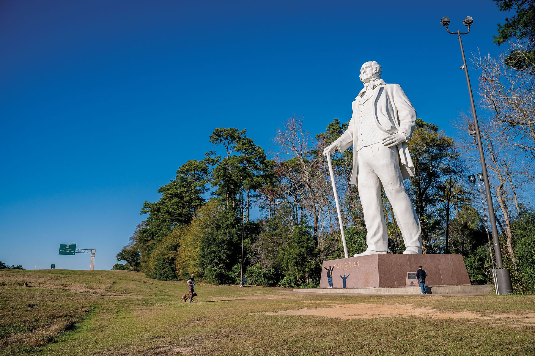 A tall white statue rises above green trees in a grassy area