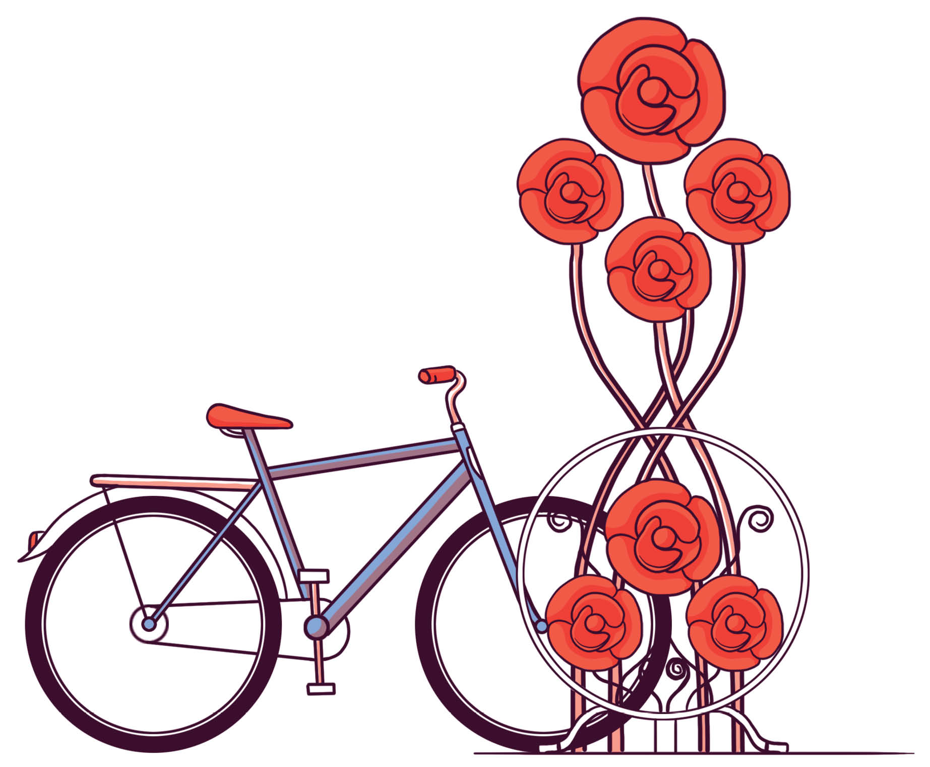 An illustration of a bicycle next to a tall artistic red poppy flower