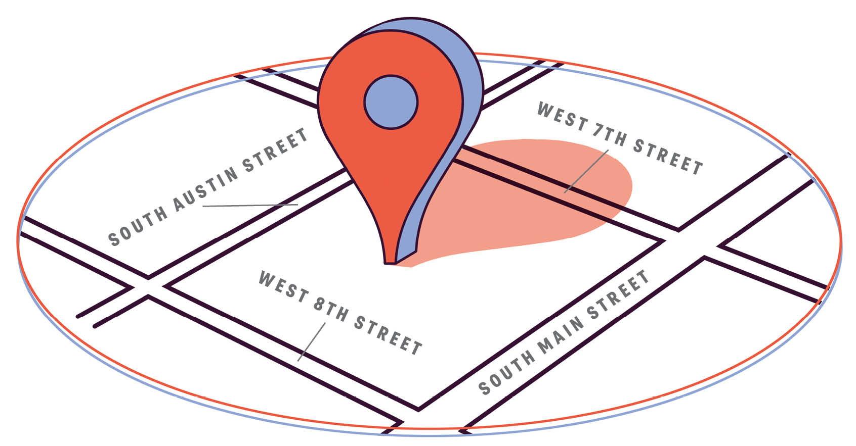 A map of the intersection of S. Austin Street, W. 8th St., S. Main Stt., and W. 7th St., Georgetown's town square