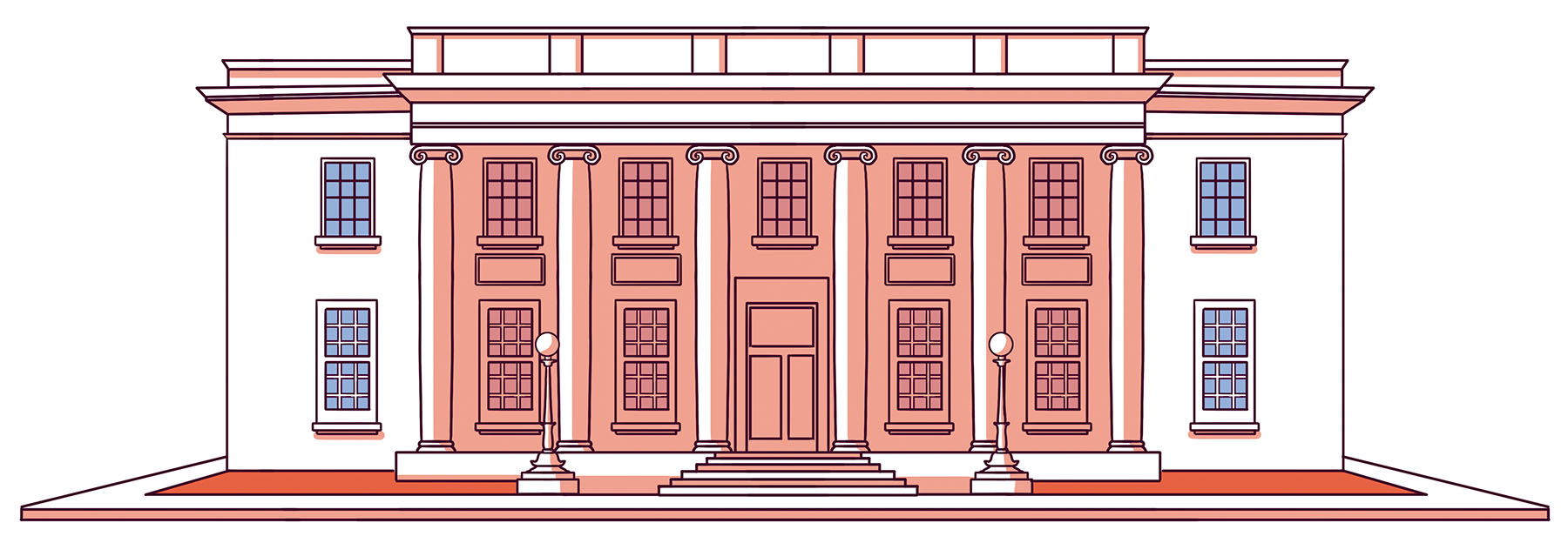An illustration of the exterior of a building with tall columns in the center and ornate windows