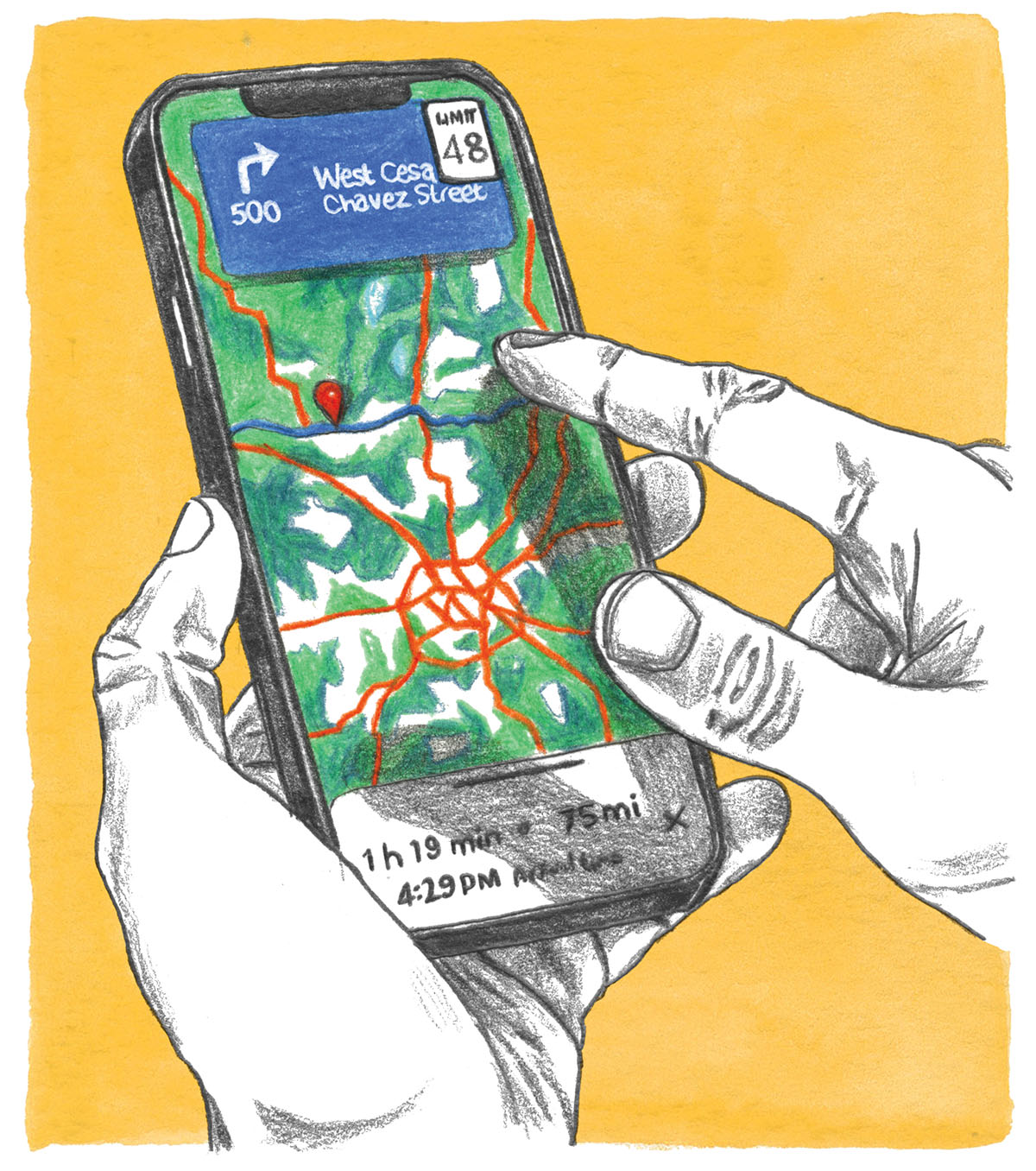An illustration of a person using a route planning app displaying a map