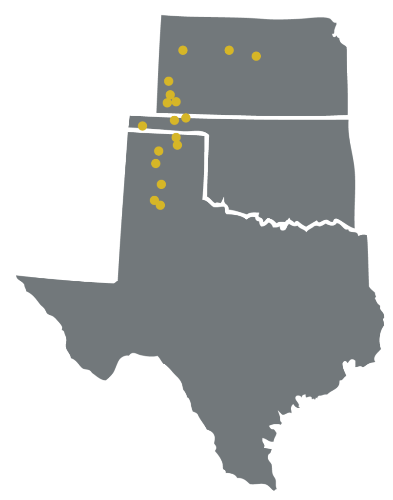 A map of Kansas, Oklahoma, and Texas, with small yellow indicator pins