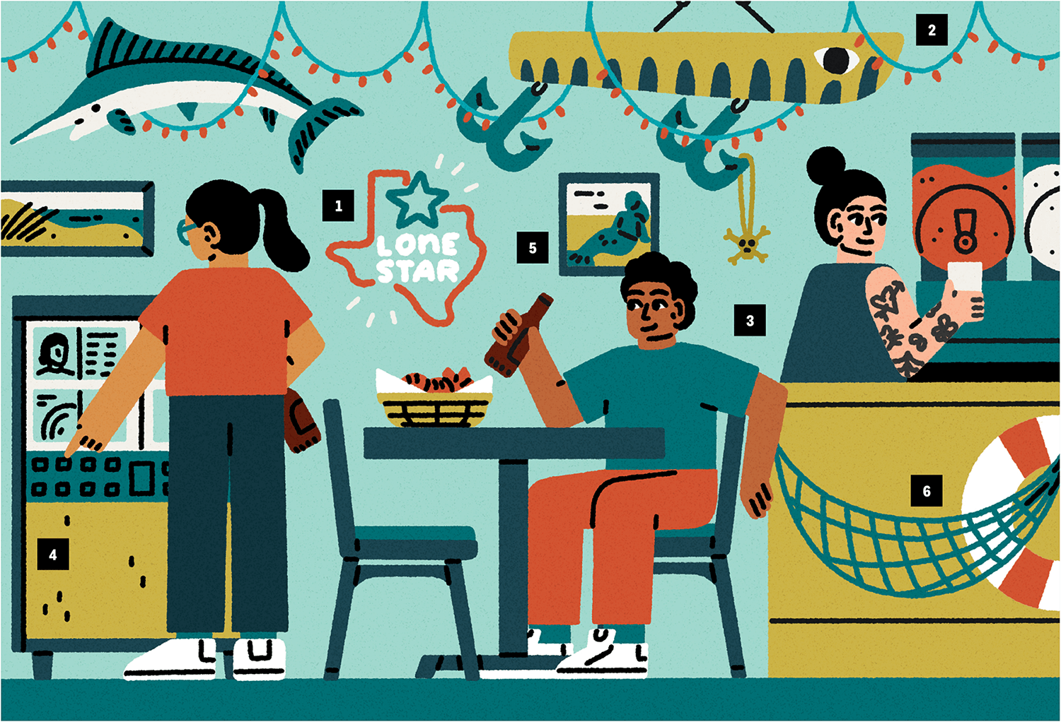 An illustration of people sitting in a dive